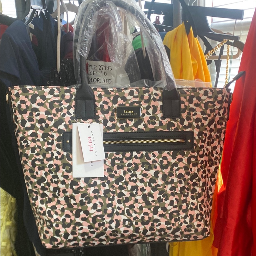 Trina Turk Pink Black Green Leopard-Print Tote